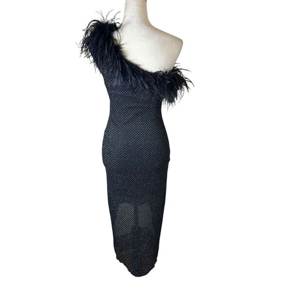 Y2K Feather Trim One Shoulder Dress Black Mesh Sparkle Party Retro Glam Small - Picture 3 of 8